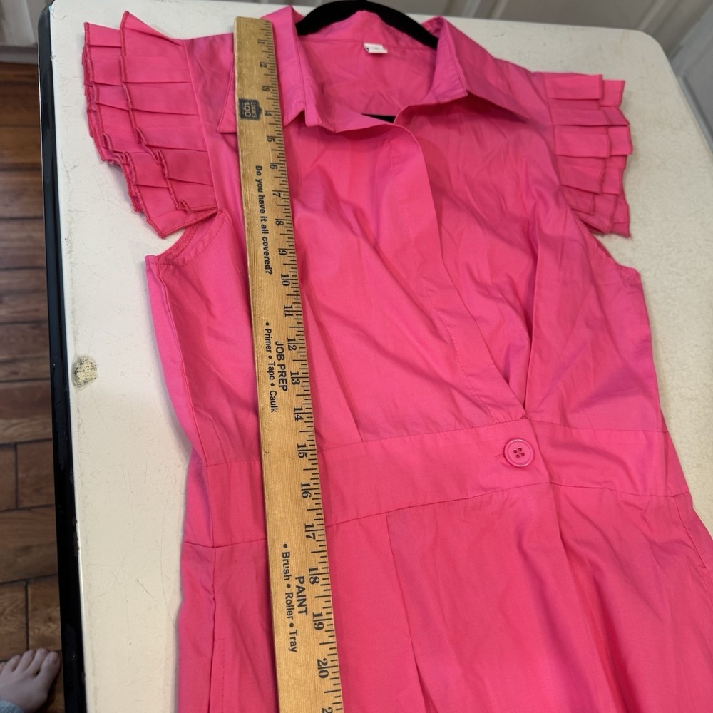 Pink Solid Deep V Neck Ruffle Cap Sleeves Classic Collar Midi Dress Sz M Fairy - Picture 9 of 13